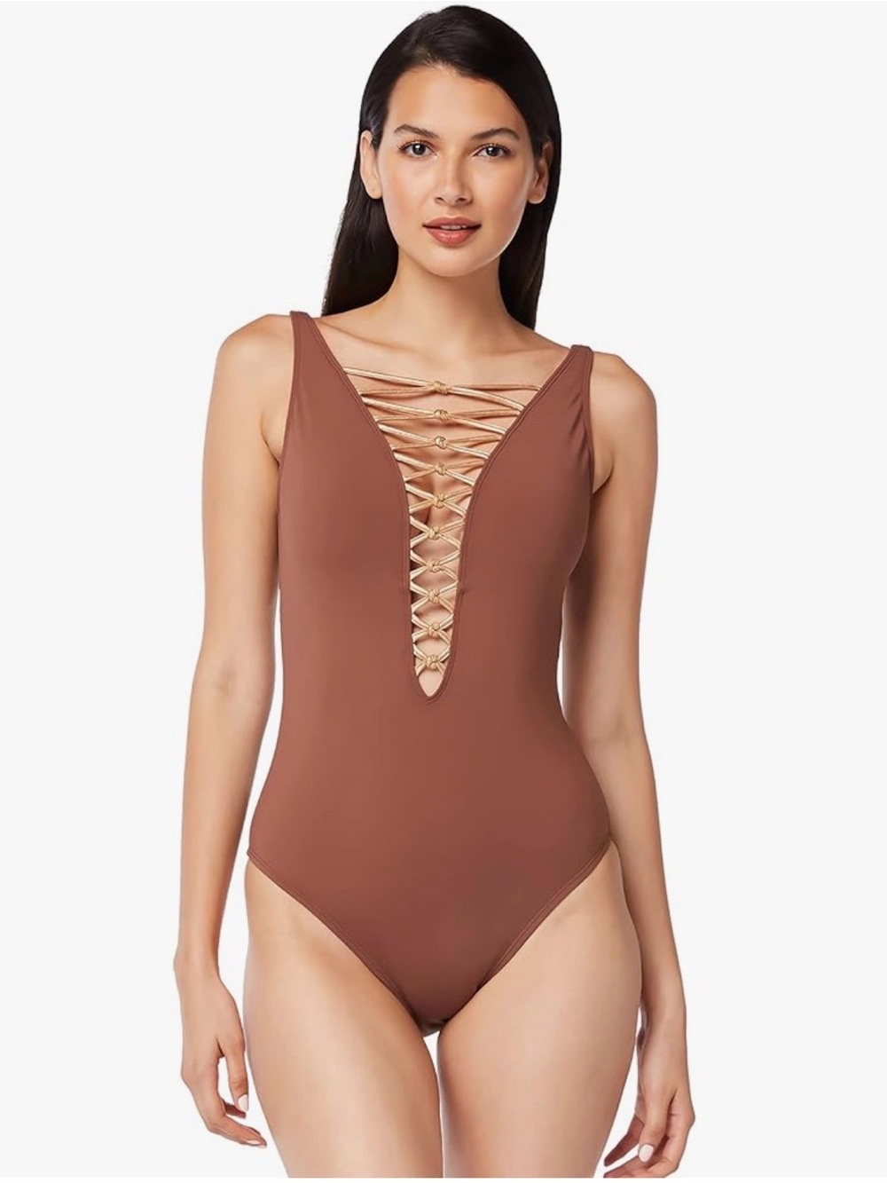 Bleu Rod Beattie Let's Get Knotty Chocolate Truffle Lace Down One Piece 8